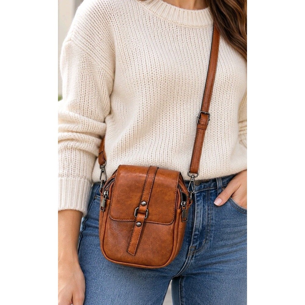Brown Cognac Crossbody Bag Small Faux Leather Double Zip Adjustable Strap